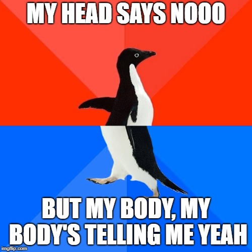 Socially Awesome Awkward Penguin | MY HEAD SAYS NOOO; BUT MY BODY, MY BODY'S TELLING ME YEAH | image tagged in memes,socially awesome awkward penguin | made w/ Imgflip meme maker