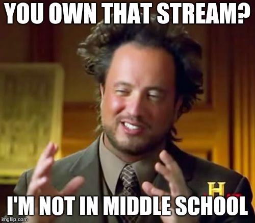 Ancient Aliens Meme | YOU OWN THAT STREAM? I'M NOT IN MIDDLE SCHOOL | image tagged in memes,ancient aliens | made w/ Imgflip meme maker