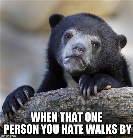 Confession Bear | WHEN THAT ONE PERSON YOU HATE WALKS BY | image tagged in memes,confession bear | made w/ Imgflip meme maker
