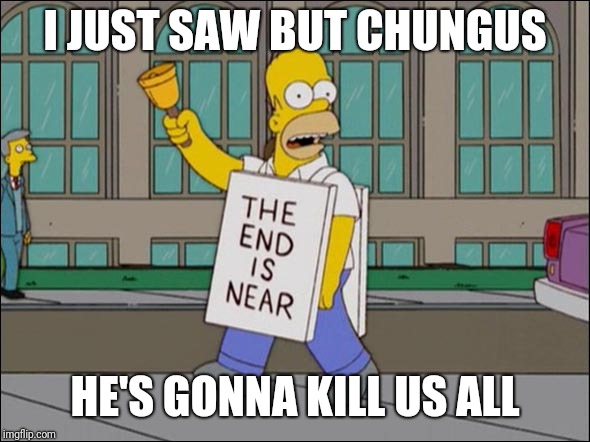 end is near | I JUST SAW BUT CHUNGUS HE'S GONNA KILL US ALL | image tagged in end is near | made w/ Imgflip meme maker