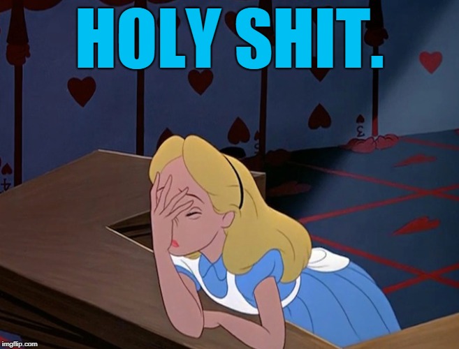 Alice in Wonderland Face Palm Facepalm | HOLY SHIT. | image tagged in alice in wonderland face palm facepalm | made w/ Imgflip meme maker