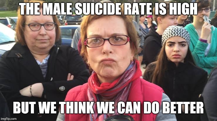 TRIGGERED FEMINIST | THE MALE SUICIDE RATE IS HIGH BUT WE THINK WE CAN DO BETTER | image tagged in triggered feminist | made w/ Imgflip meme maker
