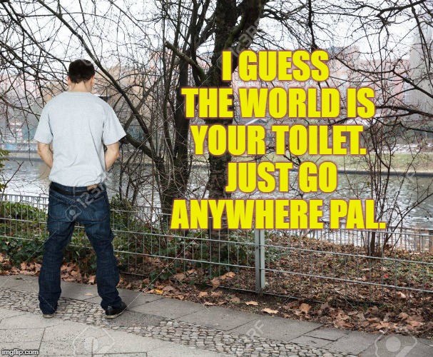 I guess the world is your toilet.  Just go pee anywhere pal. | I GUESS THE WORLD IS YOUR TOILET.  JUST GO ANYWHERE PAL. | image tagged in memes,peeing in public,gotta go pee,go take a leak | made w/ Imgflip meme maker