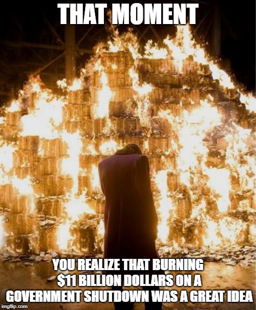 Joker burning money | THAT MOMENT; YOU REALIZE THAT BURNING $11 BILLION DOLLARS ON A GOVERNMENT SHUTDOWN WAS A GREAT IDEA | image tagged in joker burning money | made w/ Imgflip meme maker