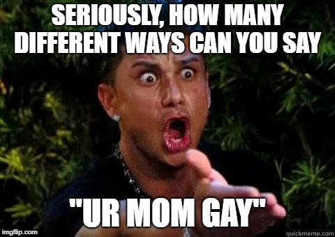 Pauly D | SERIOUSLY, HOW MANY DIFFERENT WAYS CAN YOU SAY "UR MOM GAY" | image tagged in pauly d | made w/ Imgflip meme maker