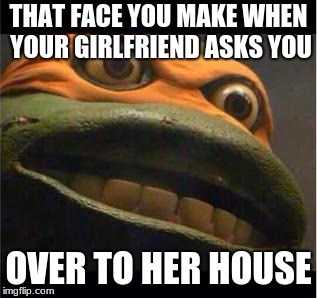 teen age mutant ninja turtle | THAT FACE YOU MAKE WHEN YOUR GIRLFRIEND ASKS YOU; OVER TO HER HOUSE | image tagged in teen age mutant ninja turtle | made w/ Imgflip meme maker