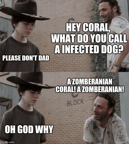 Rick and Carl | HEY CORAL, WHAT DO YOU CALL A INFECTED DOG? PLEASE DON'T DAD; A ZOMBERANIAN CORAL! A ZOMBERANIAN! OH GOD WHY | image tagged in memes,rick and carl,dogs | made w/ Imgflip meme maker