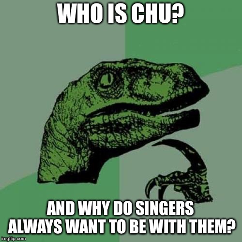 Who is this person? | WHO IS CHU? AND WHY DO SINGERS ALWAYS WANT TO BE WITH THEM? | image tagged in memes,philosoraptor | made w/ Imgflip meme maker