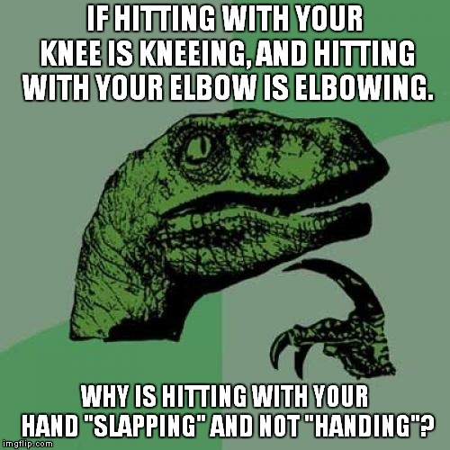 Philosoraptor | IF HITTING WITH YOUR KNEE IS KNEEING, AND HITTING WITH YOUR ELBOW IS ELBOWING. WHY IS HITTING WITH YOUR HAND "SLAPPING" AND NOT "HANDING"?﻿ | image tagged in memes,philosoraptor | made w/ Imgflip meme maker