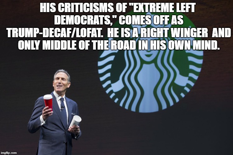 Shultz | HIS CRITICISMS OF "EXTREME LEFT DEMOCRATS," COMES OFF AS TRUMP-DECAF/LOFAT.  HE IS A RIGHT WINGER  AND ONLY MIDDLE OF THE ROAD IN HIS OWN MIND. | image tagged in political meme | made w/ Imgflip meme maker