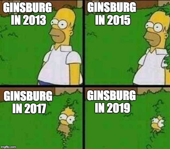 The long slow goodbye . . . | GINSBURG IN 2013; GINSBURG IN 2015; GINSBURG IN 2017; GINSBURG IN 2019 | image tagged in homer simpson nope,ruth bader ginsburg | made w/ Imgflip meme maker