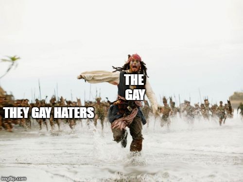 Gay is ok but not in pirate movies |  THE GAY; THEY GAY HATERS | image tagged in memes,jack sparrow being chased | made w/ Imgflip meme maker