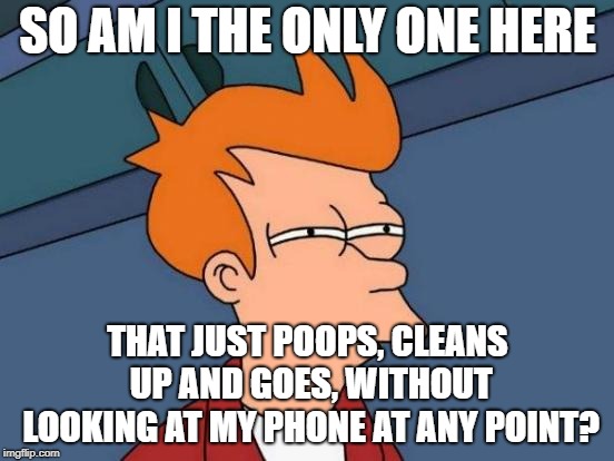 Never felt the need to play around on my phone when I'm in the bathroom | SO AM I THE ONLY ONE HERE; THAT JUST POOPS, CLEANS UP AND GOES, WITHOUT LOOKING AT MY PHONE AT ANY POINT? | image tagged in memes,futurama fry | made w/ Imgflip meme maker