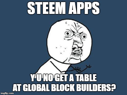 Why you no | STEEM APPS; Y U NO GET A TABLE AT GLOBAL BLOCK BUILDERS? | image tagged in why you no | made w/ Imgflip meme maker