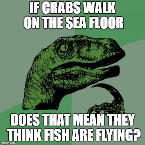 crab logic | IF CRABS WALK ON THE SEA FLOOR; DOES THAT MEAN THEY THINK FISH ARE FLYING? | image tagged in memes,philosoraptor,crab,fish | made w/ Imgflip meme maker