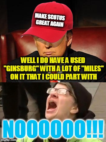 Trump Hat No | WELL I DO HAVE A USED "GINSBURG" WITH A LOT OF "MILES" ON IT THAT I COULD PART WITH NOOOOOO!!! MAKE SCOTUS GREAT AGAIN | image tagged in trump hat no | made w/ Imgflip meme maker