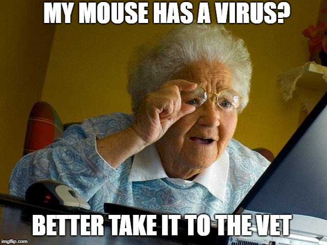 Poor Grandma |  MY MOUSE HAS A VIRUS? BETTER TAKE IT TO THE VET | image tagged in memes,grandma finds the internet,old lady,lol,funny | made w/ Imgflip meme maker