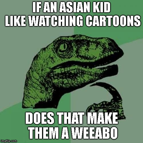 Philosoraptor Meme | IF AN ASIAN KID LIKE WATCHING CARTOONS; DOES THAT MAKE THEM A WEEABO | image tagged in memes,philosoraptor | made w/ Imgflip meme maker