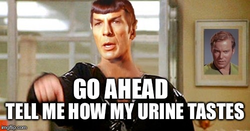 Kneel Before Spocky | GO AHEAD TELL ME HOW MY URINE TASTES | image tagged in kneel before spocky | made w/ Imgflip meme maker