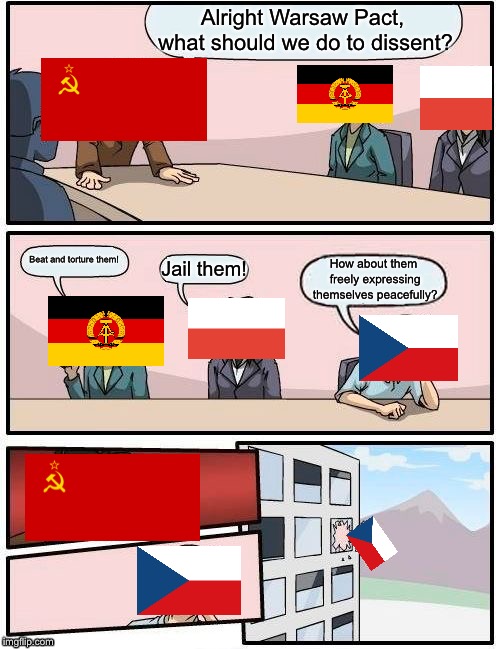 History: Warsaw Pact’s 1968 Invasion Of Czechoslovakia In A Nutshell | Alright Warsaw Pact, what should we do to dissent? Beat and torture them! Jail them! How about them freely expressing themselves peacefully? | image tagged in memes,boardroom meeting suggestion,soviet union,east germany,poland,czechoslovakia | made w/ Imgflip meme maker