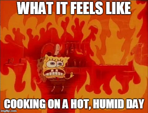 Feeling hot, hot, hot! | WHAT IT FEELS LIKE; COOKING ON A HOT, HUMID DAY | image tagged in burning spongebob,cooking,summer,memes,heatwave | made w/ Imgflip meme maker