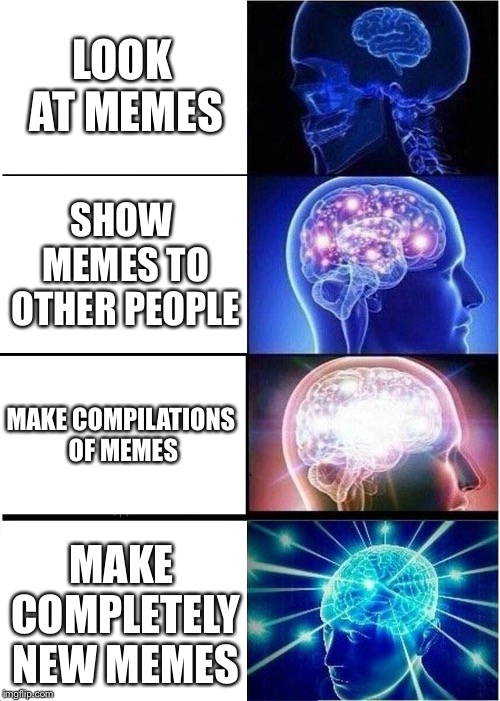 Expanding Brain Meme | LOOK AT MEMES; SHOW MEMES TO OTHER PEOPLE; MAKE COMPILATIONS OF MEMES; MAKE COMPLETELY NEW MEMES | image tagged in memes,expanding brain | made w/ Imgflip meme maker