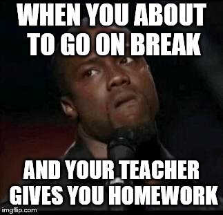 Kevin Hart  | WHEN YOU ABOUT TO GO ON BREAK; AND YOUR TEACHER GIVES YOU HOMEWORK | image tagged in kevin hart | made w/ Imgflip meme maker