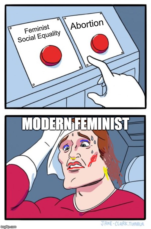 Living with cognitive dissonance  | Abortion; Feminist Social Equality; MODERN FEMINIST | image tagged in memes,two buttons,abortion,feminism,murder,fetusperson | made w/ Imgflip meme maker