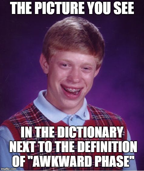 Bad Luck Brian Meme | THE PICTURE YOU SEE; IN THE DICTIONARY NEXT TO THE DEFINITION OF "AWKWARD PHASE" | image tagged in memes,bad luck brian | made w/ Imgflip meme maker