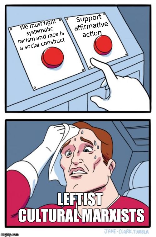 Two Buttons Meme | We must fight systematic racism and race is a social construct Support affirmative action LEFTIST CULTURAL MARXISTS | image tagged in memes,two buttons | made w/ Imgflip meme maker