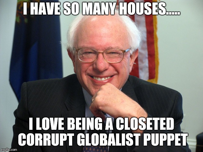 Vote Bernie Sanders | I HAVE SO MANY HOUSES..... I LOVE BEING A CLOSETED CORRUPT GLOBALIST PUPPET | image tagged in vote bernie sanders | made w/ Imgflip meme maker