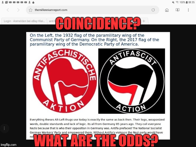 Coincidence....or not! Not! | COINCIDENCE? WHAT ARE THE ODDS? | image tagged in antifa and nazi connection,antifa,nazis,lies,corruption,media lies | made w/ Imgflip meme maker