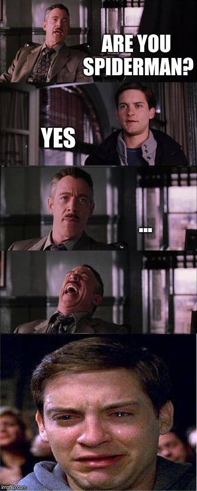 Peter Parker Cry Meme | ARE YOU SPIDERMAN? YES; ... | image tagged in memes,peter parker cry | made w/ Imgflip meme maker