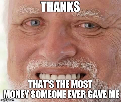 harold smiling | THANKS THAT'S THE MOST MONEY SOMEONE EVER GAVE ME | image tagged in harold smiling | made w/ Imgflip meme maker
