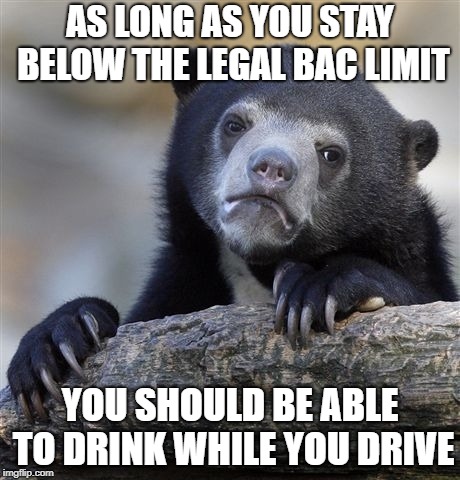 Confession Bear Meme | AS LONG AS YOU STAY BELOW THE LEGAL BAC LIMIT; YOU SHOULD BE ABLE TO DRINK WHILE YOU DRIVE | image tagged in memes,confession bear | made w/ Imgflip meme maker