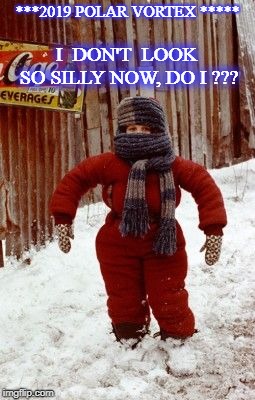 Layer UP!!! | I  DON'T  LOOK SO SILLY NOW, DO I ??? ***2019 POLAR VORTEX ***** | image tagged in freezing cold,polar vortex,funny memes | made w/ Imgflip meme maker