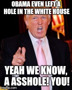 Donald Trump | OBAMA EVEN LEFT A HOLE IN THE WHITE HOUSE; YEAH WE KNOW, A ASSHOLE! YOU! | image tagged in donald trump | made w/ Imgflip meme maker