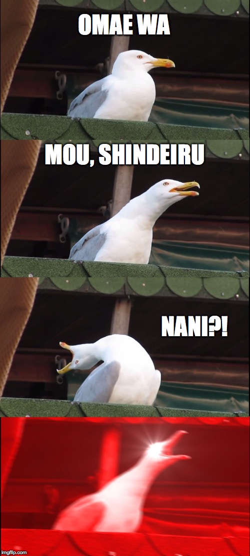 Inhaling Seagull | OMAE WA; MOU, SHINDEIRU; NANI?! | image tagged in memes,inhaling seagull | made w/ Imgflip meme maker