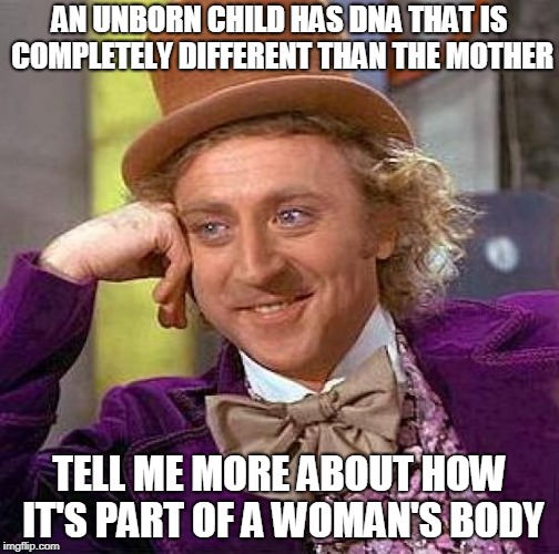 Felt like stirring the pot. Do you? | AN UNBORN CHILD HAS DNA THAT IS COMPLETELY DIFFERENT THAN THE MOTHER; TELL ME MORE ABOUT HOW IT'S PART OF A WOMAN'S BODY | image tagged in memes,creepy condescending wonka | made w/ Imgflip meme maker