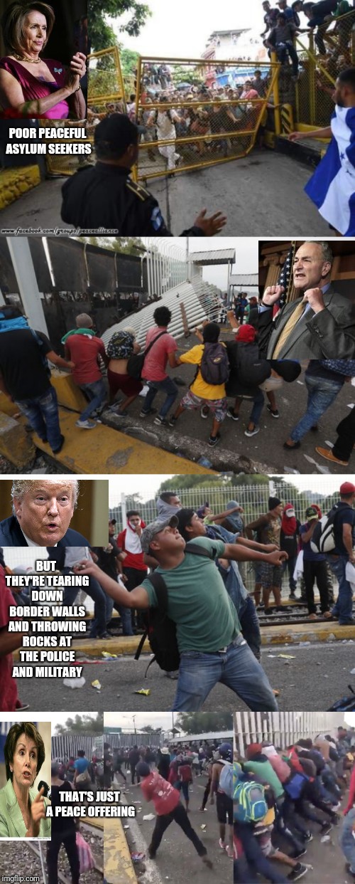 WE COME IN PEACE | POOR PEACEFUL ASYLUM SEEKERS; BUT THEY'RE TEARING DOWN BORDER WALLS AND THROWING ROCKS AT THE POLICE AND MILITARY; THAT'S JUST A PEACE OFFERING | image tagged in trump,nancy pelosi,chuck schumer,immigration | made w/ Imgflip meme maker