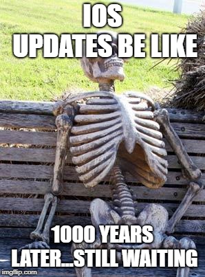 Waiting Skeleton | IOS UPDATES BE LIKE; 1000 YEARS LATER...STILL WAITING | image tagged in memes,waiting skeleton | made w/ Imgflip meme maker