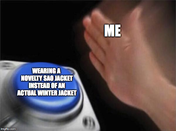 Blank Nut Button Meme | ME WEARING A NOVELTY SAO JACKET INSTEAD OF AN ACTUAL WINTER JACKET | image tagged in memes,blank nut button | made w/ Imgflip meme maker