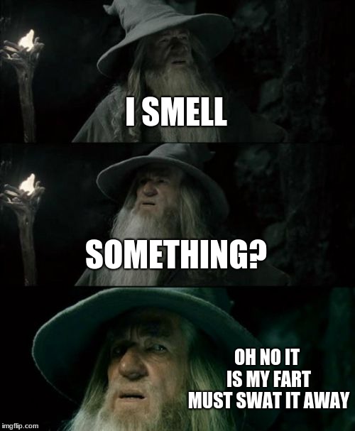 Confused Gandalf Meme | I SMELL; SOMETHING? OH NO IT IS MY FART MUST SWAT IT AWAY | image tagged in memes,confused gandalf | made w/ Imgflip meme maker