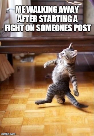 Cool Cat Stroll | ME WALKING AWAY AFTER STARTING A FIGHT ON SOMEONES POST | image tagged in memes,cool cat stroll | made w/ Imgflip meme maker