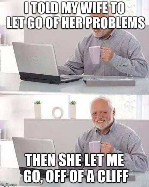 Hide the Pain Harold | I TOLD MY WIFE TO LET GO OF HER PROBLEMS; THEN SHE LET ME GO, OFF OF A CLIFF | image tagged in memes,hide the pain harold | made w/ Imgflip meme maker