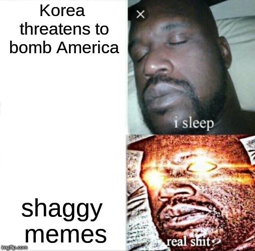 Sleeping Shaq Meme | Korea threatens to bomb America; shaggy memes | image tagged in memes,sleeping shaq | made w/ Imgflip meme maker