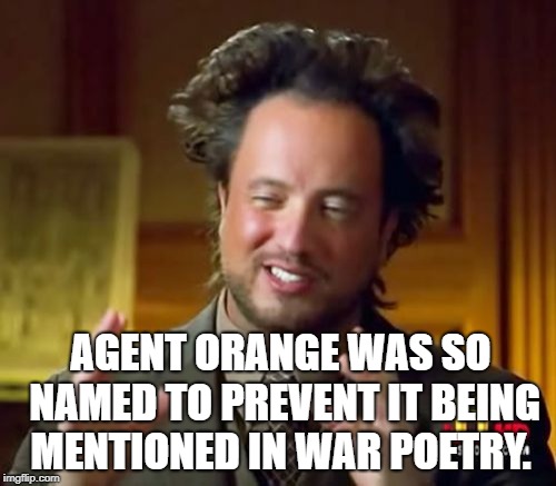 Ancient Aliens Meme | AGENT ORANGE WAS SO NAMED TO PREVENT IT BEING MENTIONED IN WAR POETRY. | image tagged in memes,ancient aliens | made w/ Imgflip meme maker
