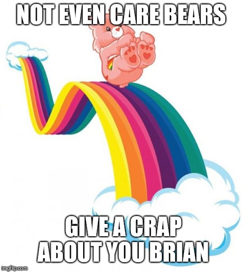 Care bear slide | NOT EVEN CARE BEARS GIVE A CRAP ABOUT YOU BRIAN | image tagged in care bear slide | made w/ Imgflip meme maker