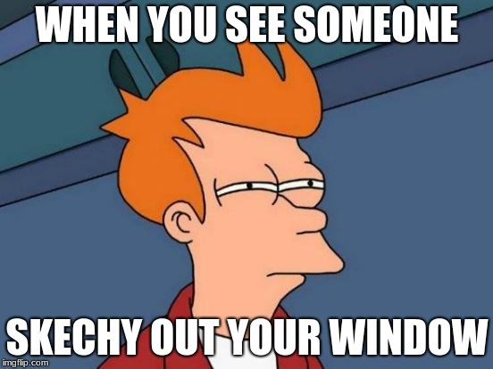 Futurama Fry | WHEN YOU SEE SOMEONE; SKECHY OUT YOUR WINDOW | image tagged in memes,futurama fry | made w/ Imgflip meme maker