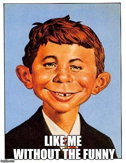 Alfred E. Neuman | LIKE ME WITHOUT THE FUNNY | image tagged in alfred e neuman | made w/ Imgflip meme maker